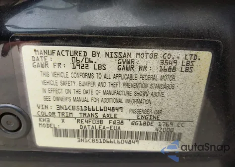 2006 Nissan Sentra 1.8S z USA, uszkodzony, nr VIN 3N1CB51D66L604849